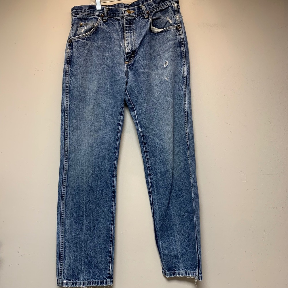 Wrangler Straight Leg Jeans Mens 34x30 Blue Good Distressed 96501MR Denim